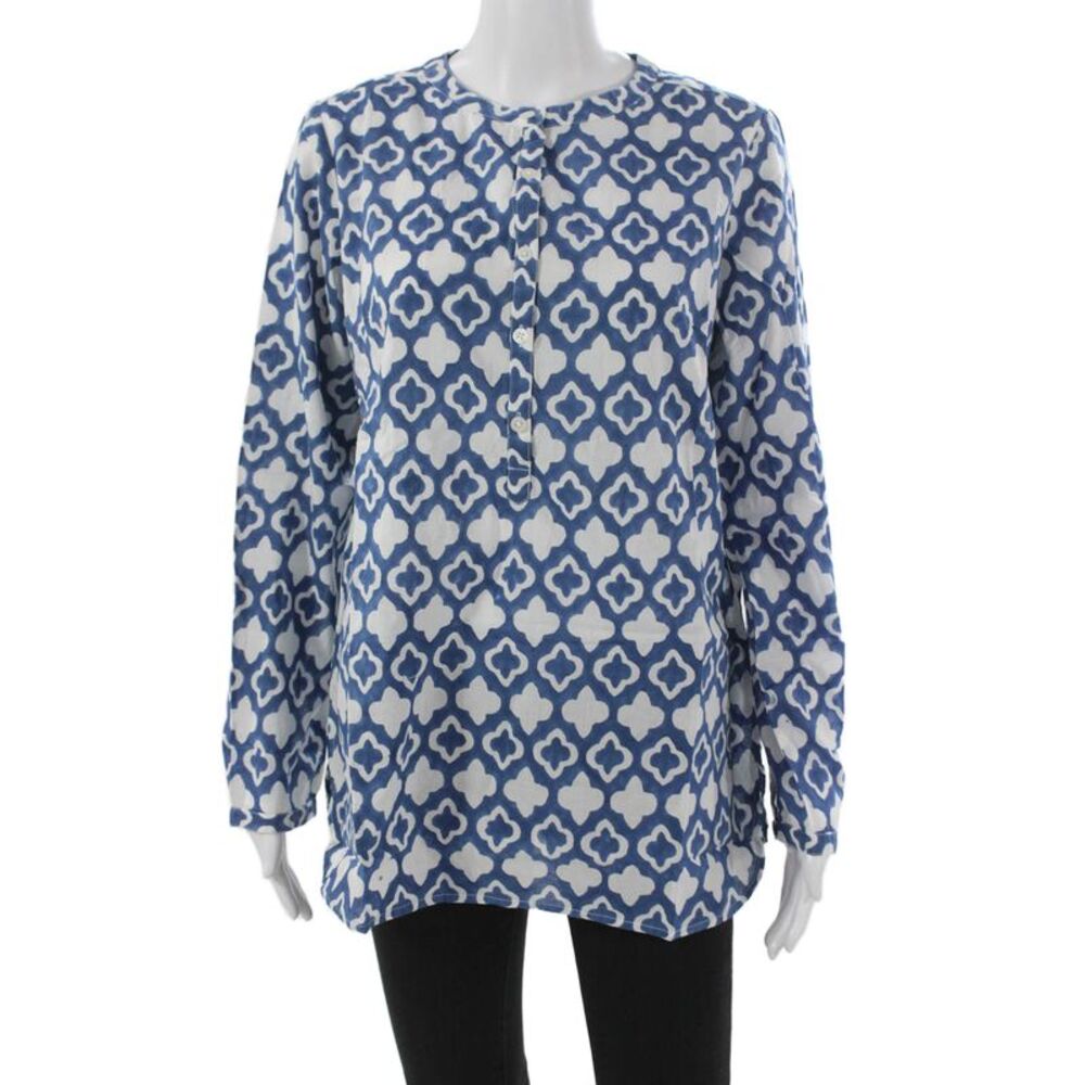 Madison Mathews Womens Blue Cotton Henley Tunic Blouse Long Sleeve Size S